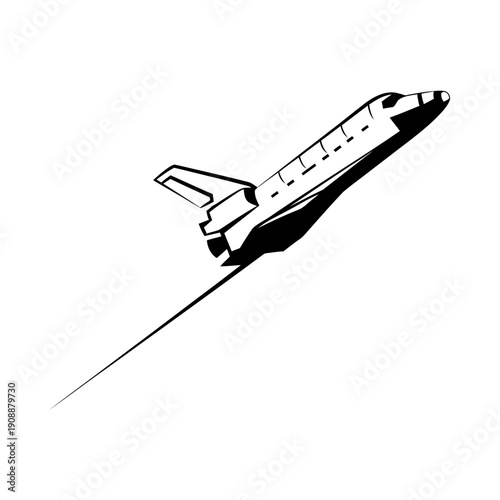 Space shuttle soars through sky with exhaust trail black and white illustration