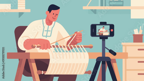 Illustration Of A Traditional Craftsman Weaving Cloth While Being Recorded Vector Design Template