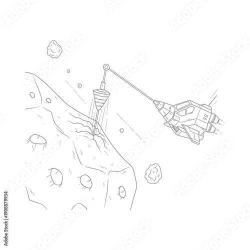 Futuristic spacecraft mining asteroid with robotic arm in deep space exploration