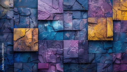 Abstract textured wall with rectangular tiles in blues, purples, and golden hues, 3D effect