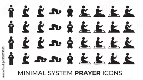 Minimal system prayer icons collection with various human figures in different prayer positions