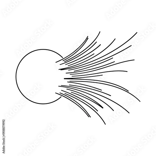 Solar flare or intense energy explosion from a circle abstract representation in black lines on white background symbolizing power and dynamic movement