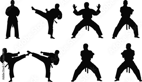 Karate Fighter Silhouette Collection with High Kick and Fighting Stances, Black and White Martial Arts Training Vector Illustration Set