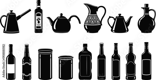 Kitchenware and Bottle Silhouette Collection with Teapot, Coffee Pot, Wine and Oil Containers, Black and White Vintage Vector Illustration Set