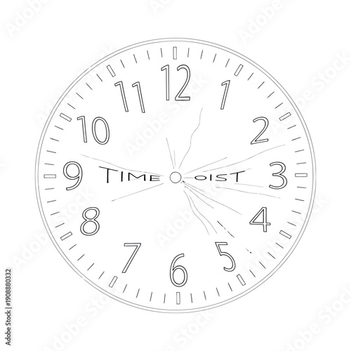 Analog clock face with 'time dist' text minimalist design white background simple black lines hour markers numbers 1 12 abstract concept time manipulation distorted clock creative illustration