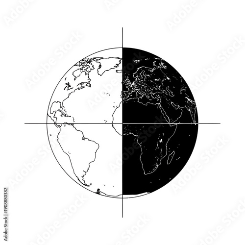 Globe with day and night sides crosshairs world map global concept earth illustration