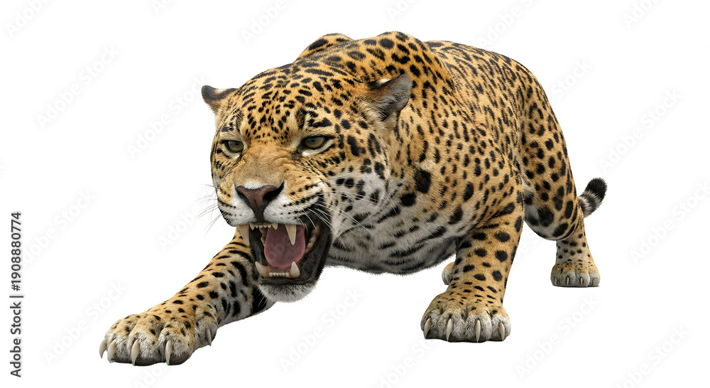 Obraz premium A majestic leopard crouching with intense eyes and spotted fur isolated on transparent background
