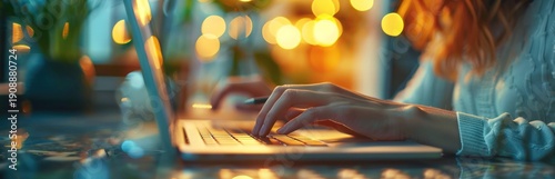 Detailed shot of hands typing on a laptop keyboard with warm, glowing bokeh lights behind
