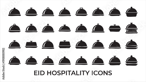 Eid hospitality icons set featuring various food service cloche and serving dish silhouettes