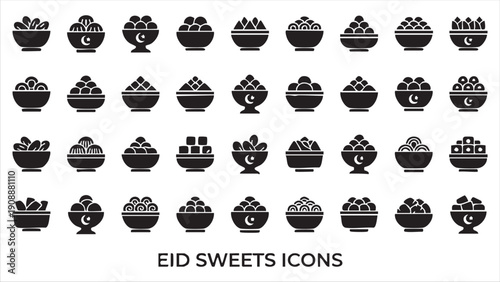 Eid sweets icons collection traditional desserts in bowls