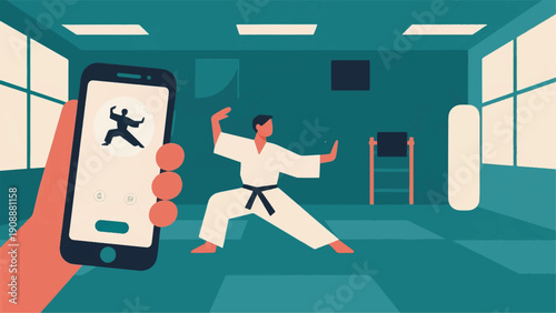 Illustration Of A Man Practicing Traditional Martial Arts On Video Vector Design Template