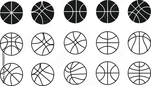 Basketball icons collection, black and white ball designs, vector sports symbols with creative line patterns for logos and graphic illustration