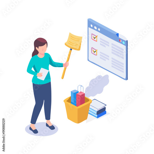 Woman Cleaning Digital Storage, Deleting Unnecessary Files, Removing Spam Emails, Data Management, Cyber Hygiene, Computer Cleanup, Organization Concept, Vector Illustration
