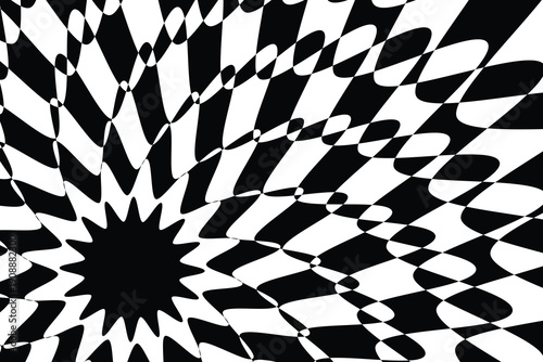 Hypnotic optical illusion wallpaper with jagged star center and distorted checkered rays in black and white