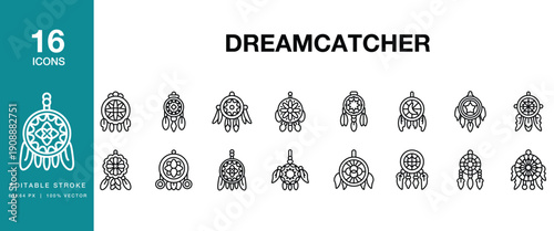 Dreamcatcher icon set. Includes dreamcatcher, dream, sleep, night, native, boho and More. Editable Stroke Icon Collection.