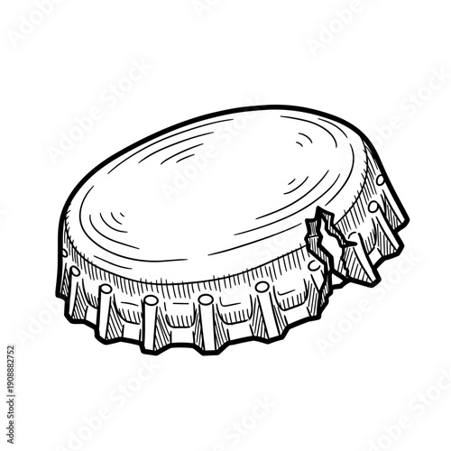 Hand-drawn illustration of a chipped bottle cap isolated on a white background, highlighting detailed textures and artistic line work