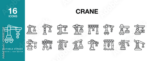 Crane icon set. Includes crane, construction, lifting, hoist, machinery, equipment and More. Editable Stroke Icon Collection.