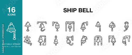 Ship Bell icon set. Includes bell, ship, maritime, nautical, sailor, vessel, deck and More. Editable Stroke Icon Collection.