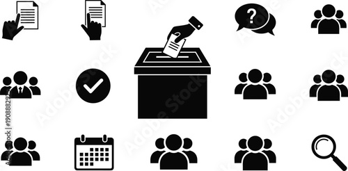 Black and white voting and election concept icon set with ballot box, documents, people, checklist, calendar, search symbol, and democratic process illustration