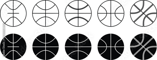 Basketball outline and filled ball designs, black and white sports icons, creative line art variations for pattern recognition illustrations