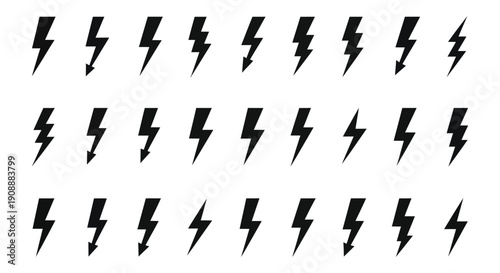 Collection of various black lightning bolt icons representing electric energy and power flashes