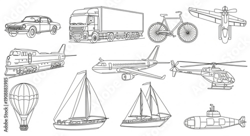 Various transportation vehicles sketch collection, hand drawn line art style.