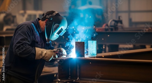 Skilled welder working on metal with bright blue sparks in an industrial factory. Professional worker fabricating steel with protective gear.