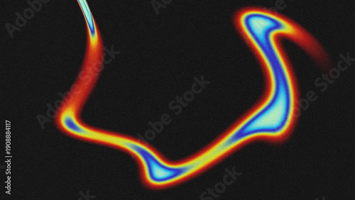 An abstract digital artwork featuring a fluid, curving thermal gradient flow in vibrant blue, yellow, and red hues against a dark, grainy noise background. 