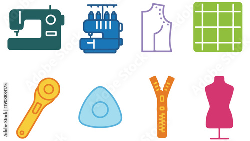 Sewing machine and tools icon set for fashion design and crafting