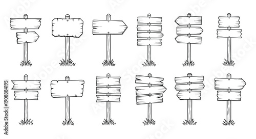 Collection of twelve unique wooden signpost designs in a simple black and white outline style