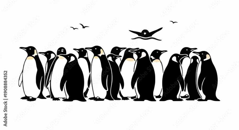 Obraz premium Penguins standing together in a group with birds flying above in a serene landscape viewed from the side
