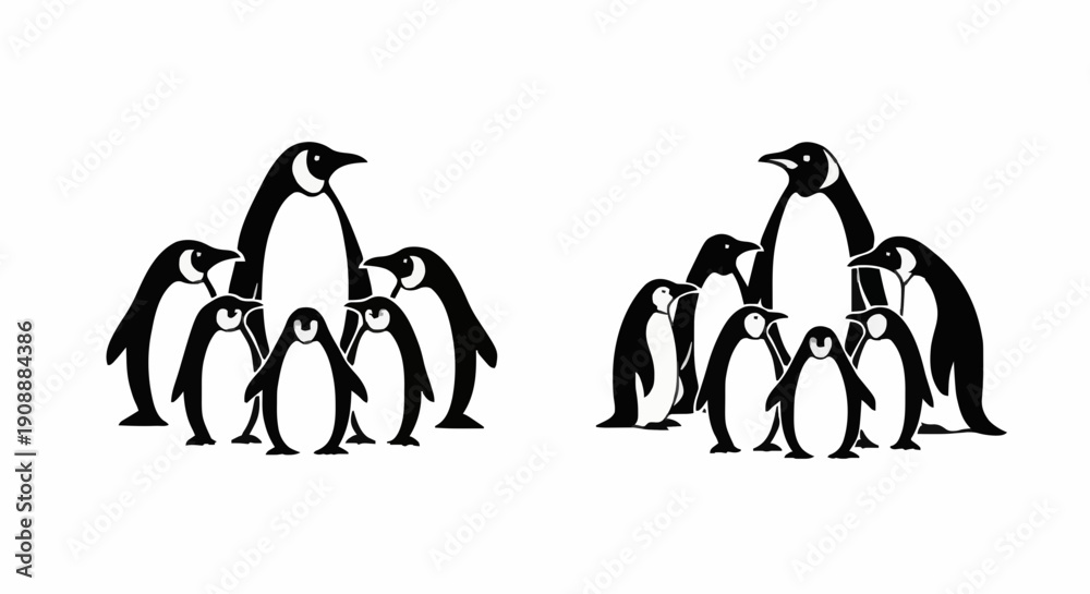 Obraz premium Penguins gathered in a group, standing together, viewed from the side in a simple illustration style