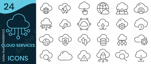 Cloud Services vector icon set. Out line icon of black and white, depicting various aspects like data transfer, storage, and services, creating a modern digital theme.