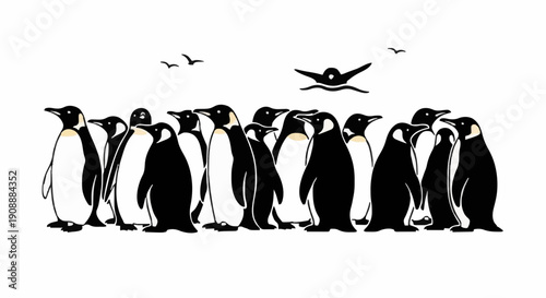 Penguins standing together in a group with birds flying above in a serene landscape viewed from the side