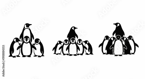 Penguins gathered around adult penguin standing tall, illustration of penguin family groups from different viewpoints