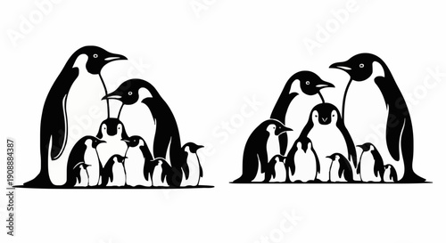 Penguins interacting with their young in a tender moment, standing together on ice