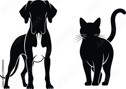 Black silhouette illustration of dog and cat standing together, pet friendship and companionship concept, domestic animals collection, veterinary care and animal love theme, minimalist vector design
