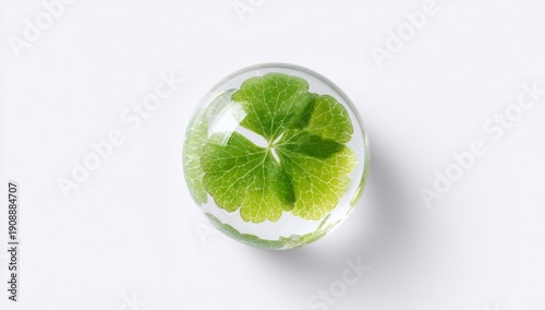 Clear glass sphere with green centella asiatica leaf inside