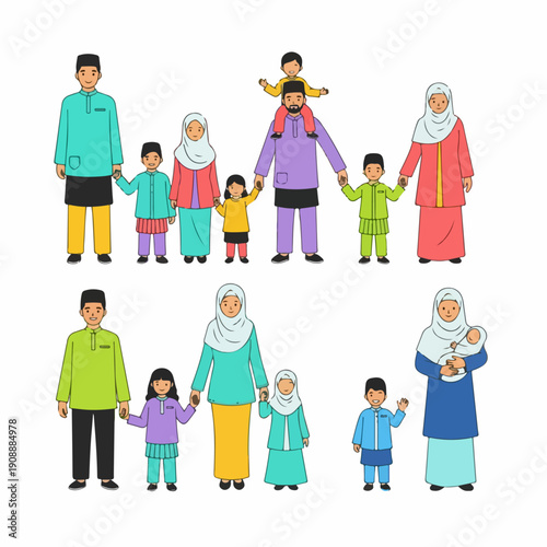 Diverse set of Malaysian/Southeast Asian Muslim families illustrations, showing parents and children in traditional Baju Melayu and Baju Kurung on white.