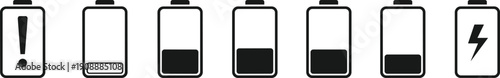 Battery status icons vector illustration showing low charge, warning, and charging symbols, electronic device power level indicator design for interface