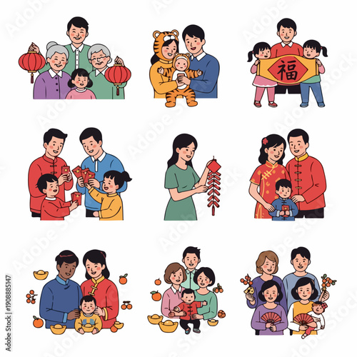 Joyful families celebrating Chinese New Year with traditional activities like exchanging hongbao, wearing festive clothes, and welcoming the year of the tiger.