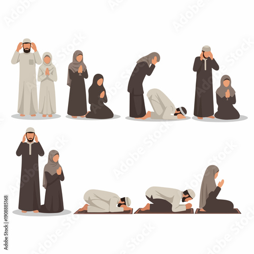 Muslim family performing Salah (Islamic ritual prayer) in various positions, illustrated in a flat vector style.