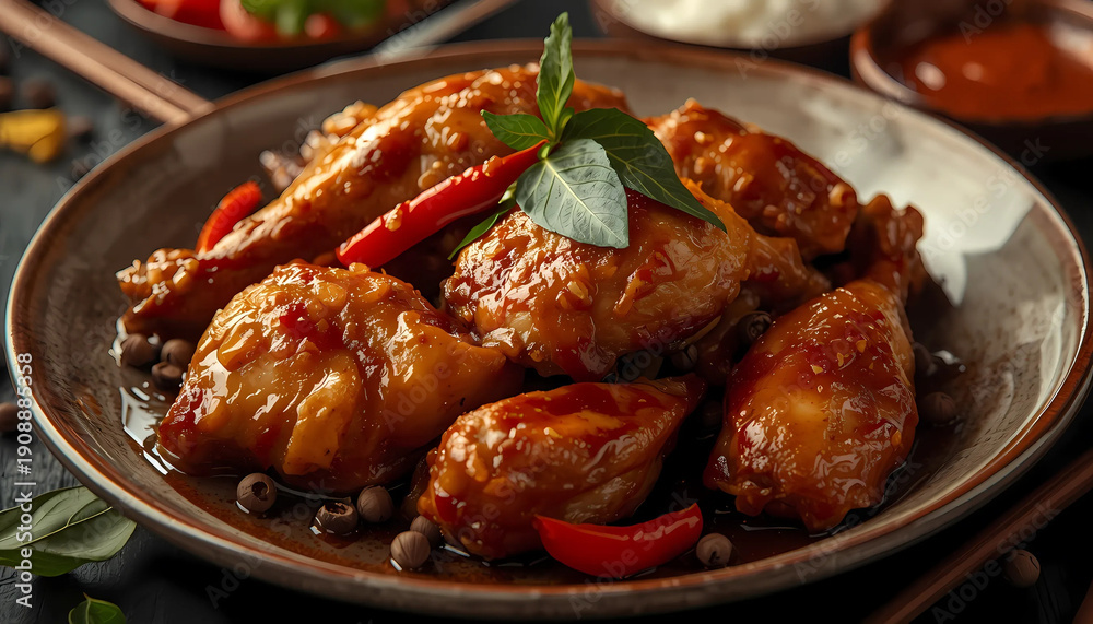 Fototapeta premium A delicious plate of spicy chicken wings garnished with fresh herbs