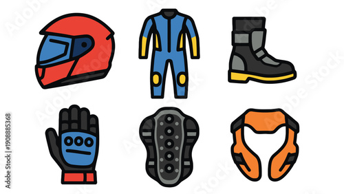 Racing gear vector icons including helmet, suit, boots and protective equipment