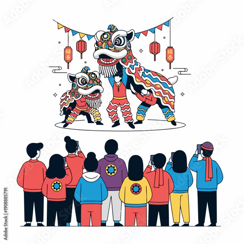 Festive Chinese Lion Dance performance watched by a crowd taking photos, celebrating traditional culture and Lunar New Year with lanterns and pennants.