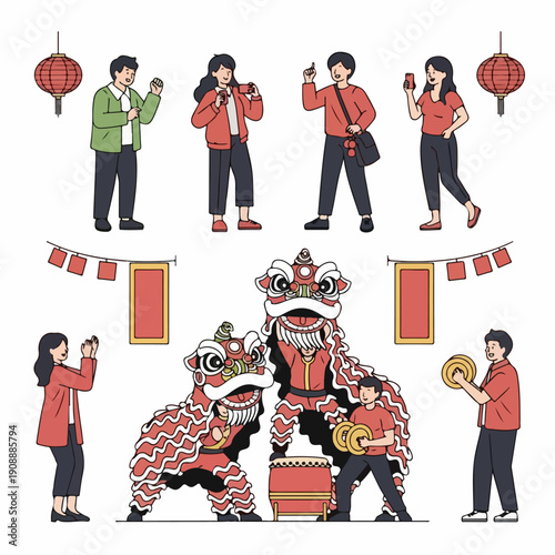 A festive illustration set featuring a traditional lion dance performance, spectators, musicians, and decorative elements for the Chinese New Year celebration.