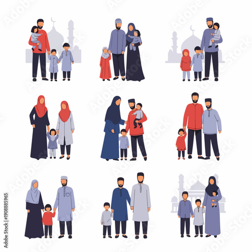 Islamic Family Set: Diverse vector illustrations of parents and children wearing traditional attire, symbolizing community, culture, and faith against mosque silhouette.