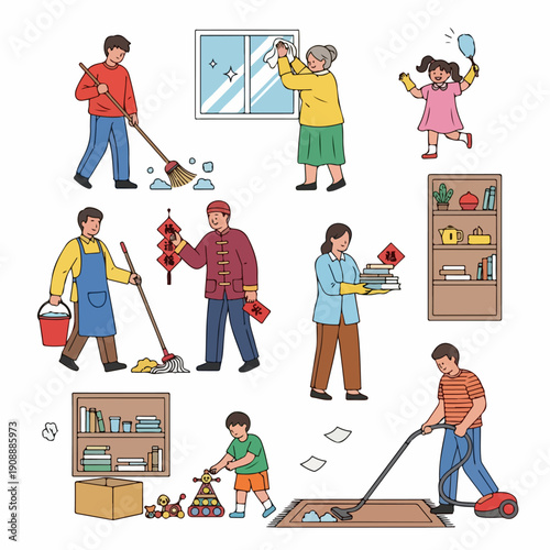 Family members perform traditional Chinese New Year spring cleaning (Da Sao Chu), sweeping, mopping, and organizing the home in preparation for the holiday.