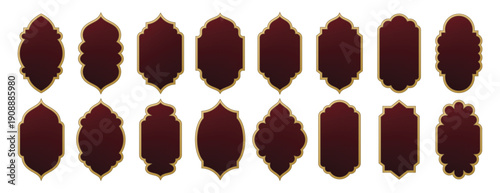 Collection of decorative islamic style frames and borders in various shapes and deep red color