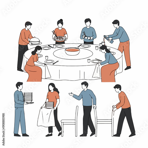 Simple vector illustration showing people gathering around a round dining table, serving food, and preparing for a banquet or celebratory meal.